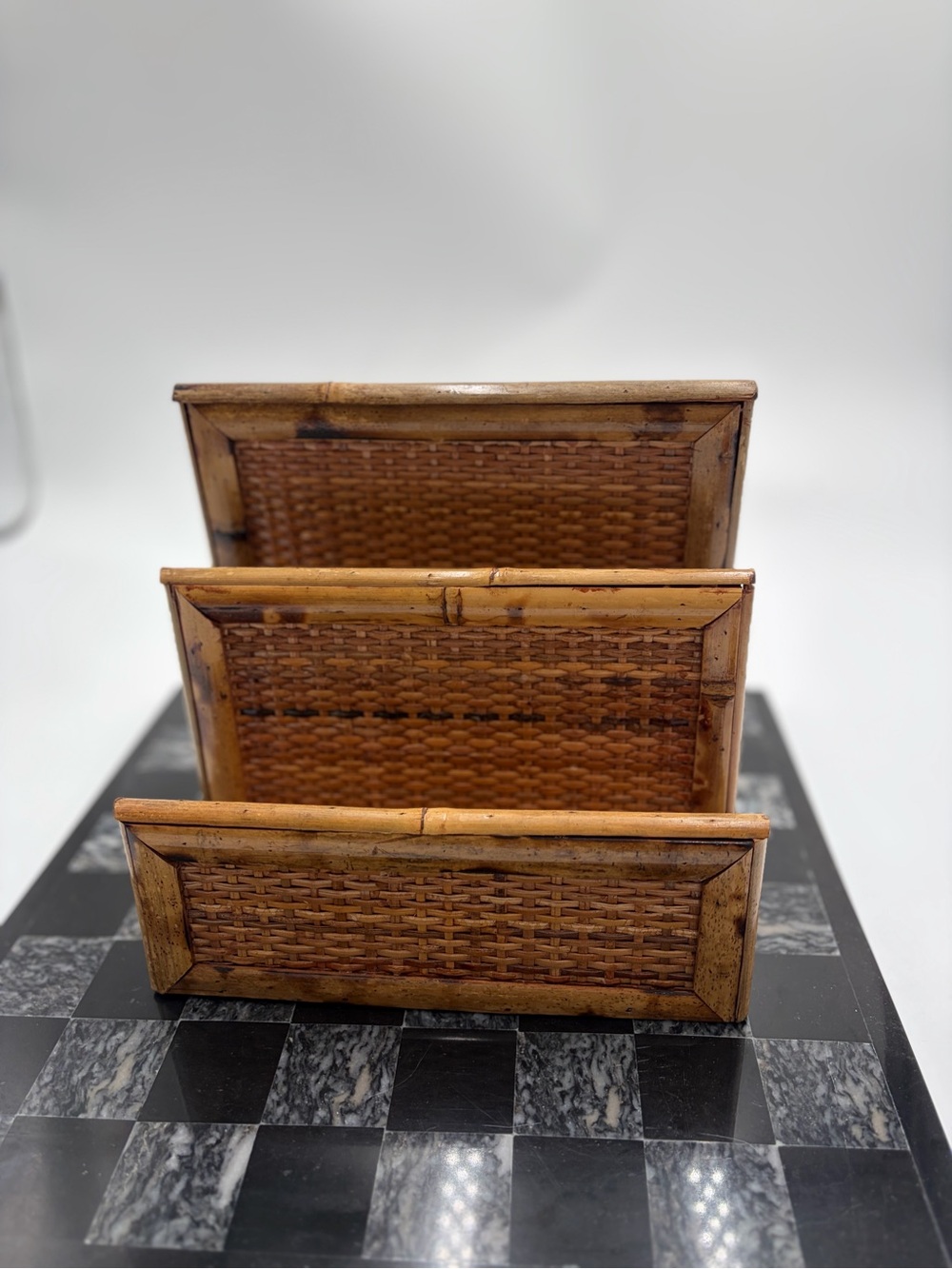 Vintage Woven Bamboo Desk Pockets Set of 3 | Rustic Rattan Basket Organizers